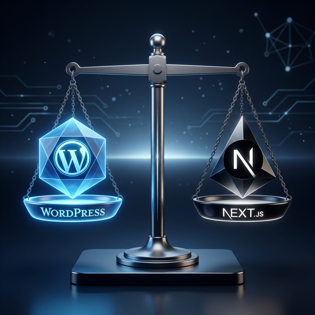 Балансирана везна сравняваща технологиите WordPress и Next.js